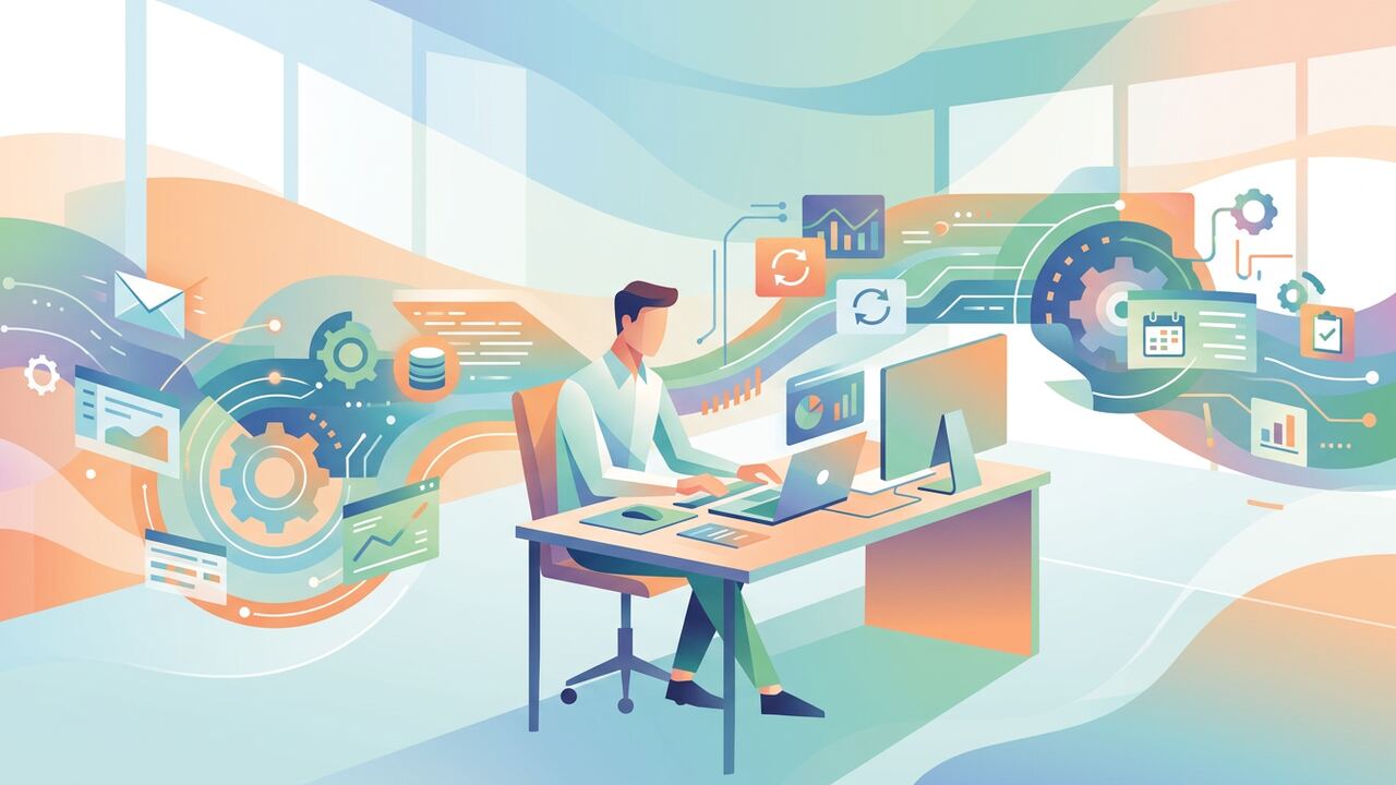 Workspace illustration of a solo founder running multiple automations