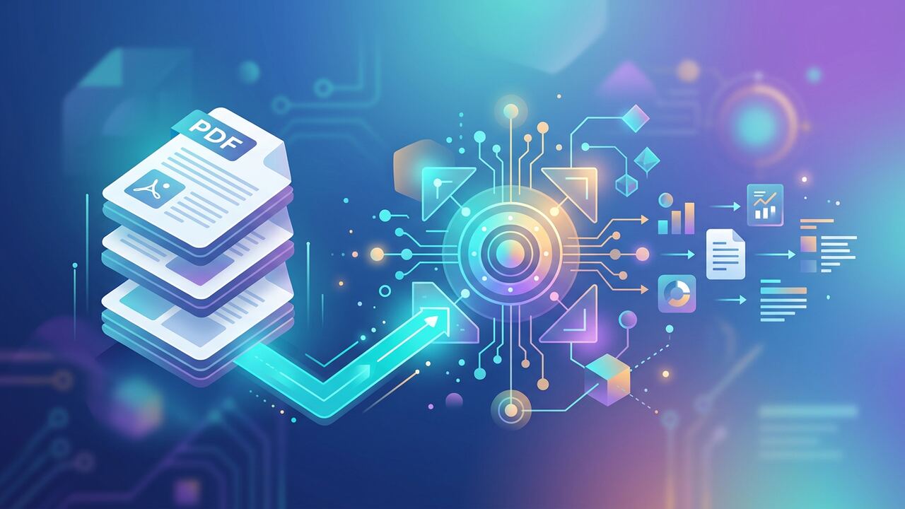 Stack of PDFs being processed by an AI workflow