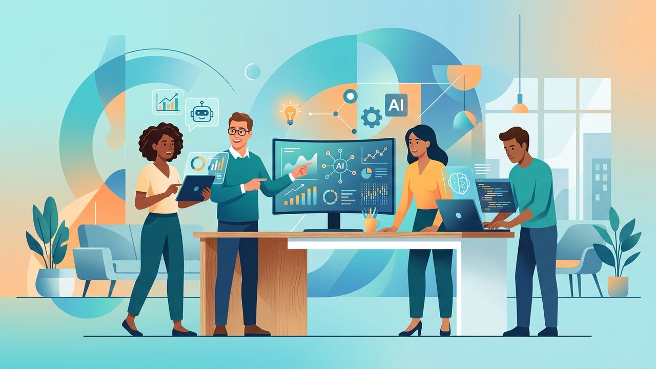 Small business team using AI tools in a modern office