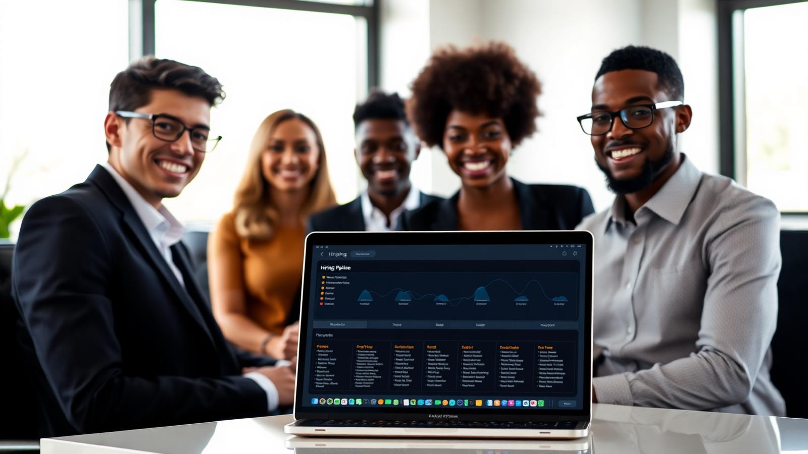 A high-tech dashboard showing candidates moving through a diverse hiring pipeline with algorithmic fairness checks.