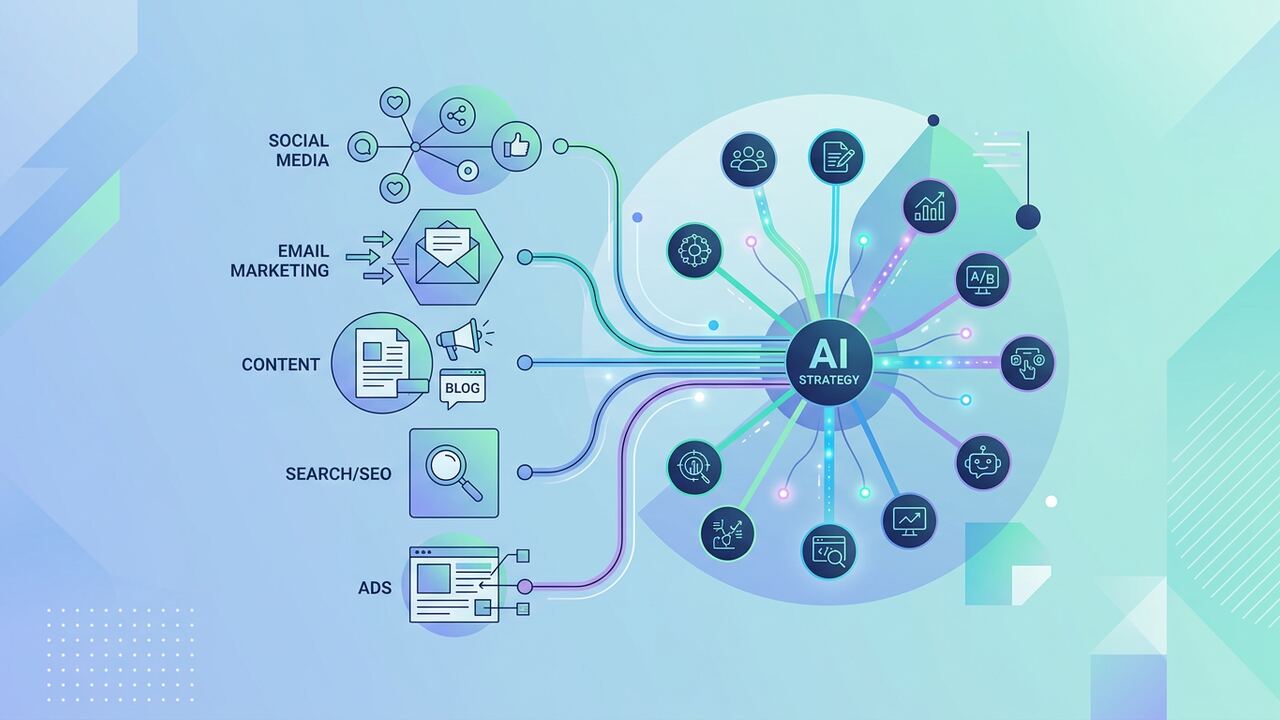 Marketing strategy diagram with AI tools mapped to channels