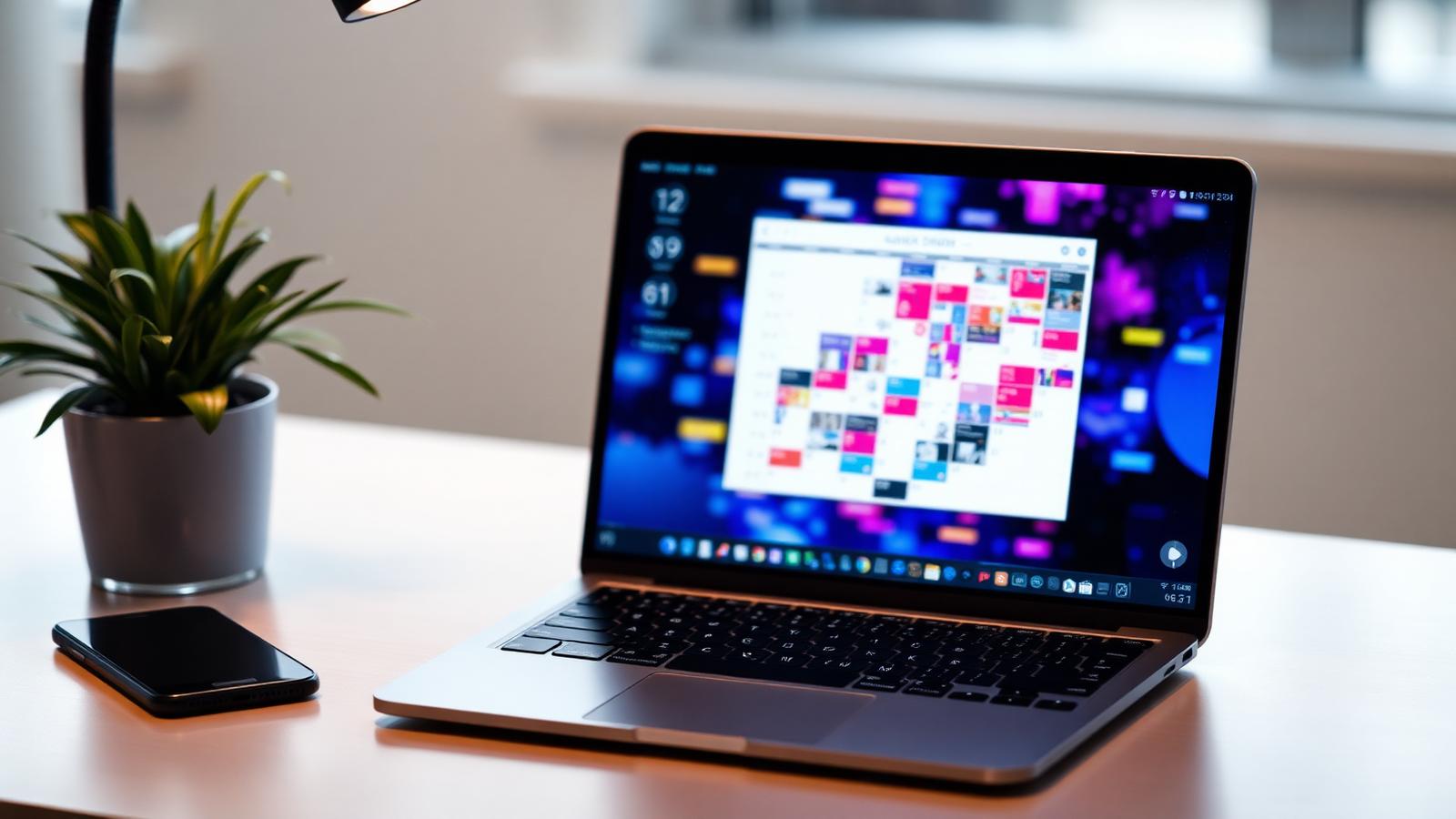 A clean workspace showing a laptop with a digital content calendar and AI visual data overlays.