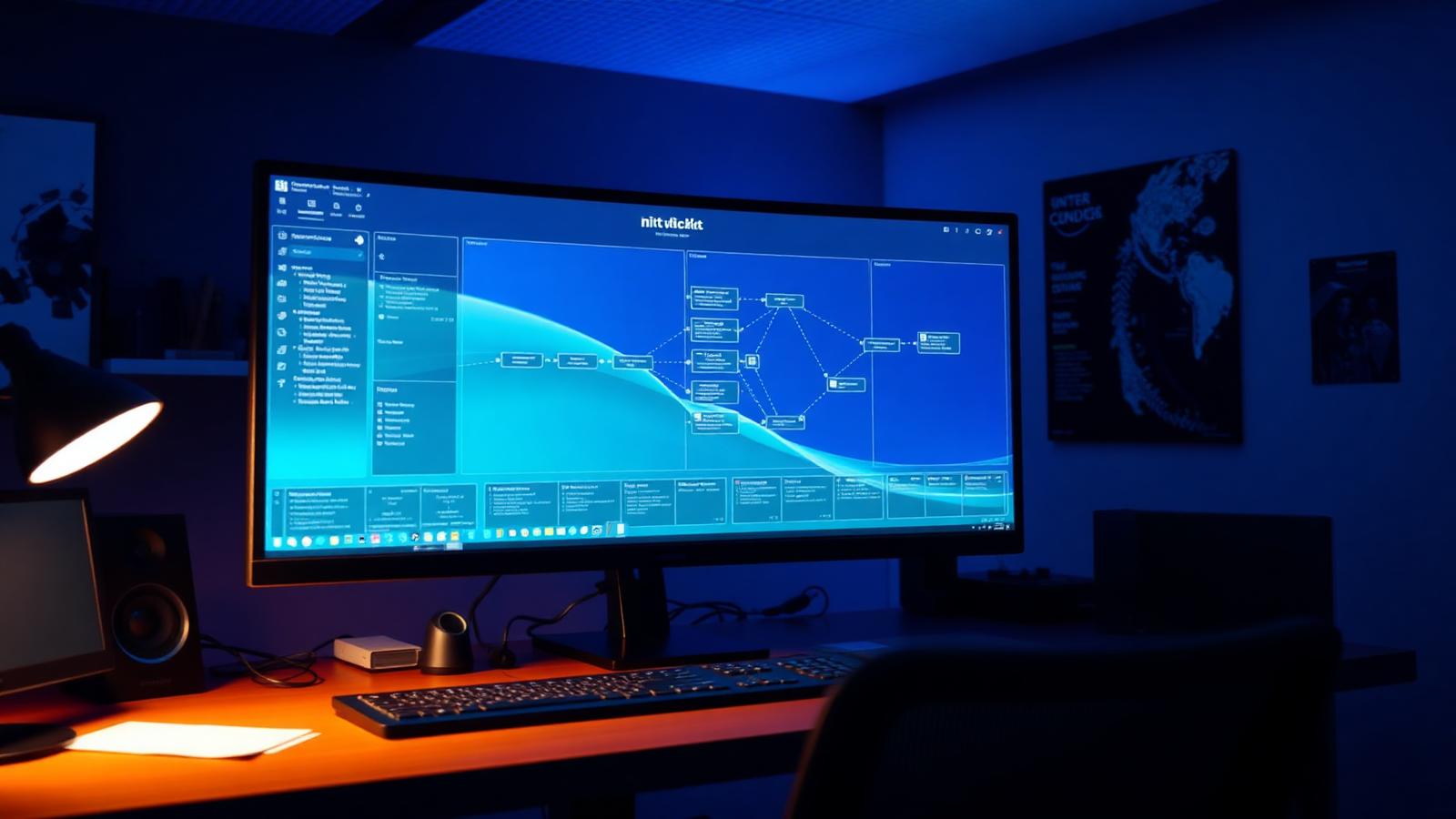 A clean, modern professional workspace with a screen showing a node-based visual workflow for an AI agent.
