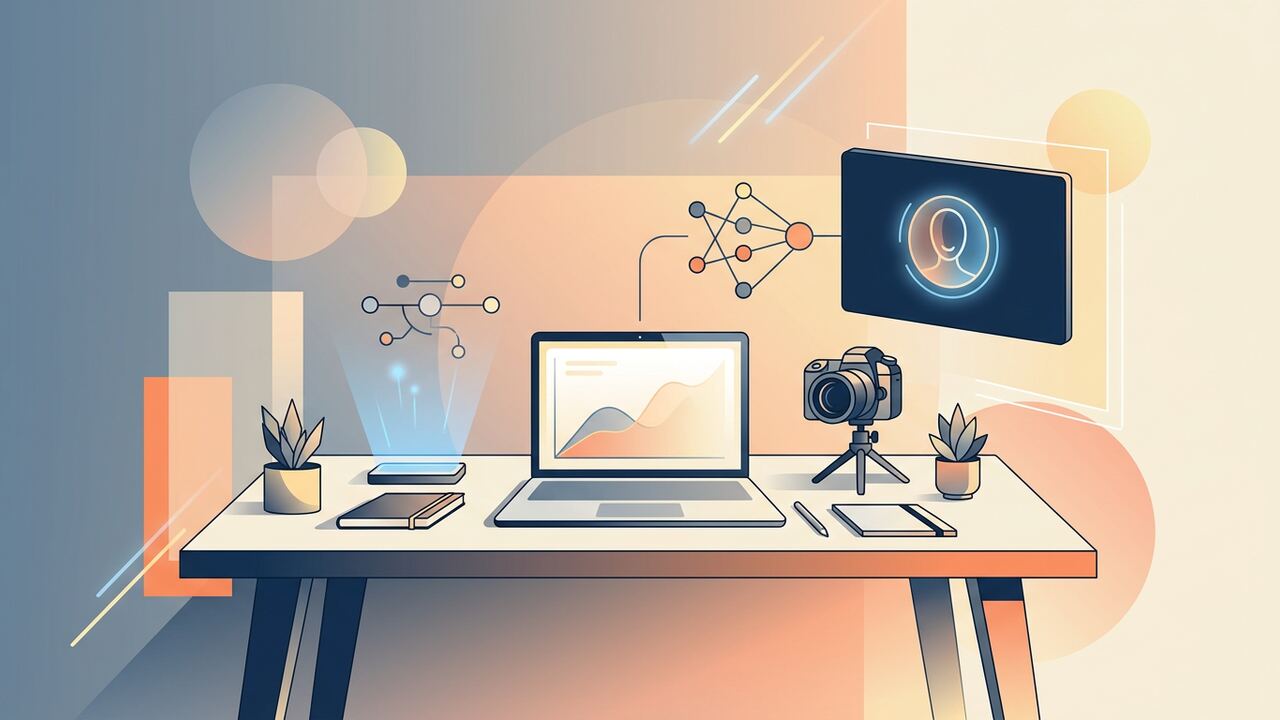 Creator workspace with camera, laptop and AI assistant interface