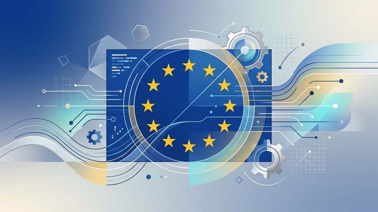 EU flag overlaid with abstract AI compliance imagery