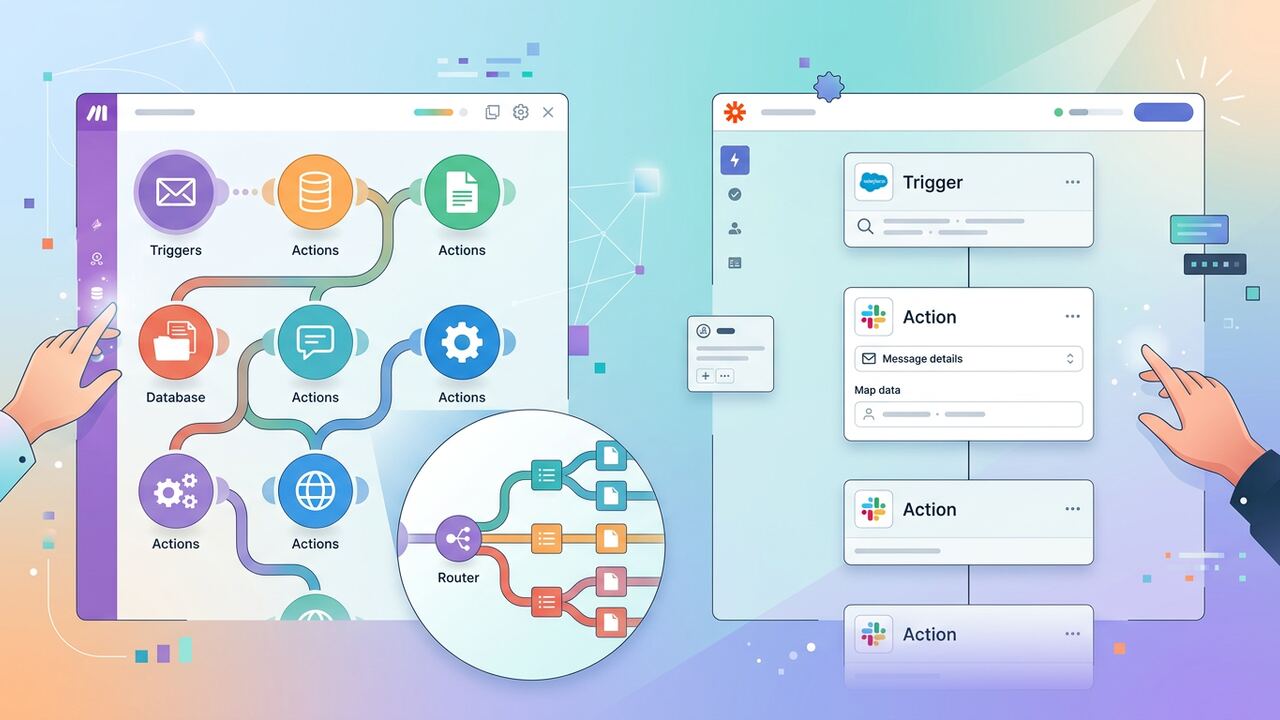 Side by side comparison of Make and Zapier interfaces